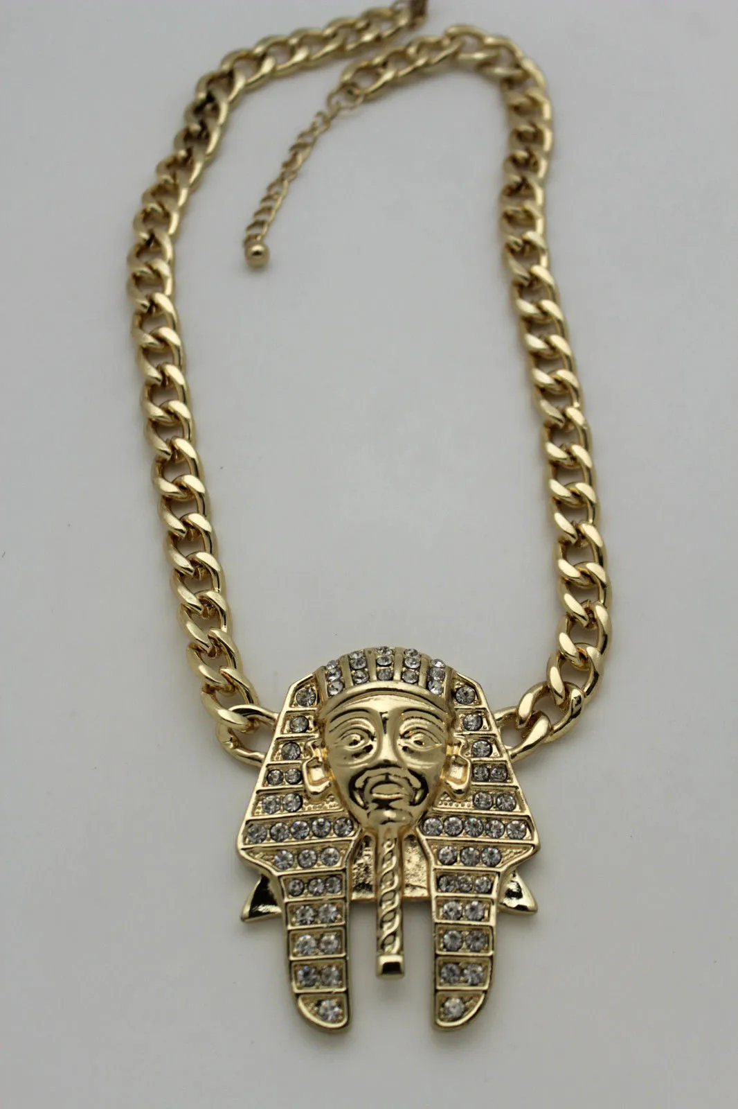 Gold Silver Metal Chain Egyptian Pharaoh Pendant Silver Rhinestones Bead Necklace