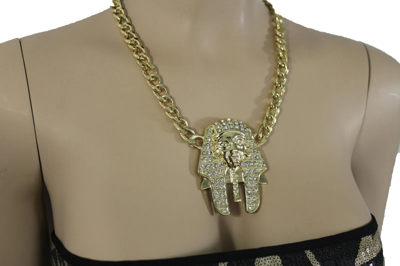 Gold Silver Metal Chain Egyptian Pharaoh Pendant Silver Rhinestones Bead Necklace