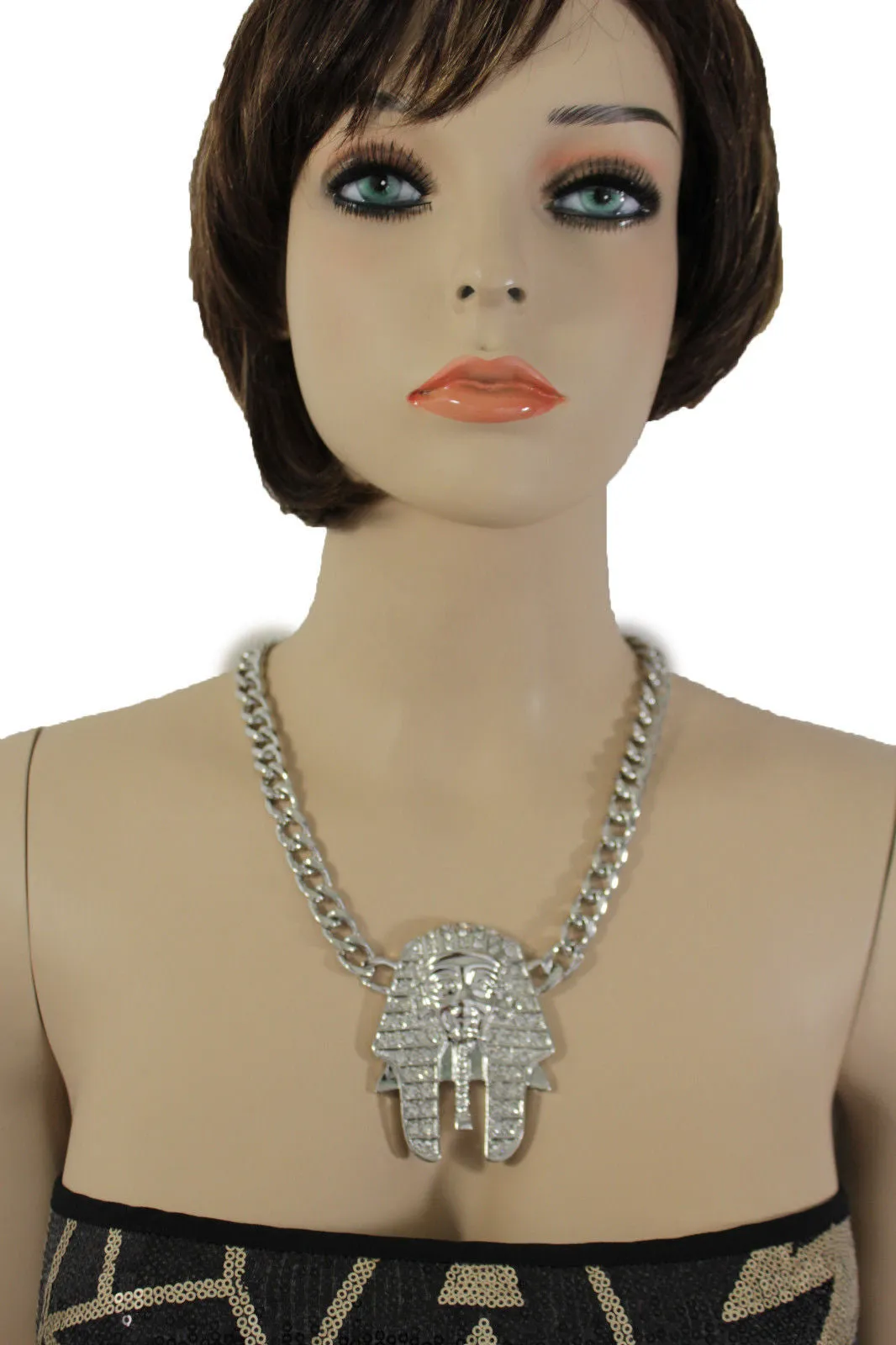 Gold Silver Metal Chain Egyptian Pharaoh Pendant Silver Rhinestones Bead Necklace