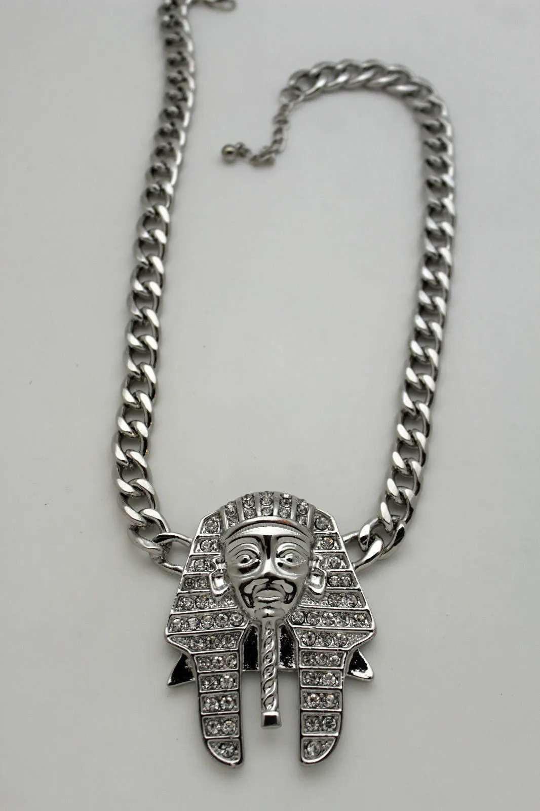 Gold Silver Metal Chain Egyptian Pharaoh Pendant Silver Rhinestones Bead Necklace