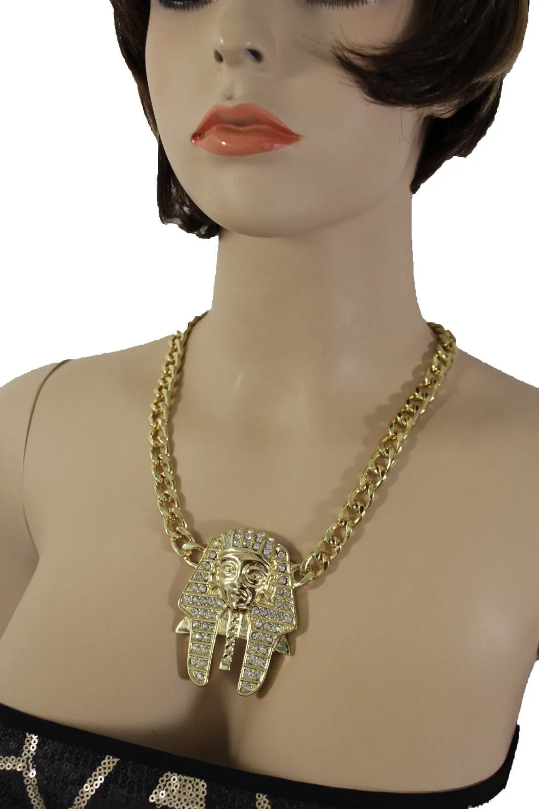 Gold Silver Metal Chain Egyptian Pharaoh Pendant Silver Rhinestones Bead Necklace