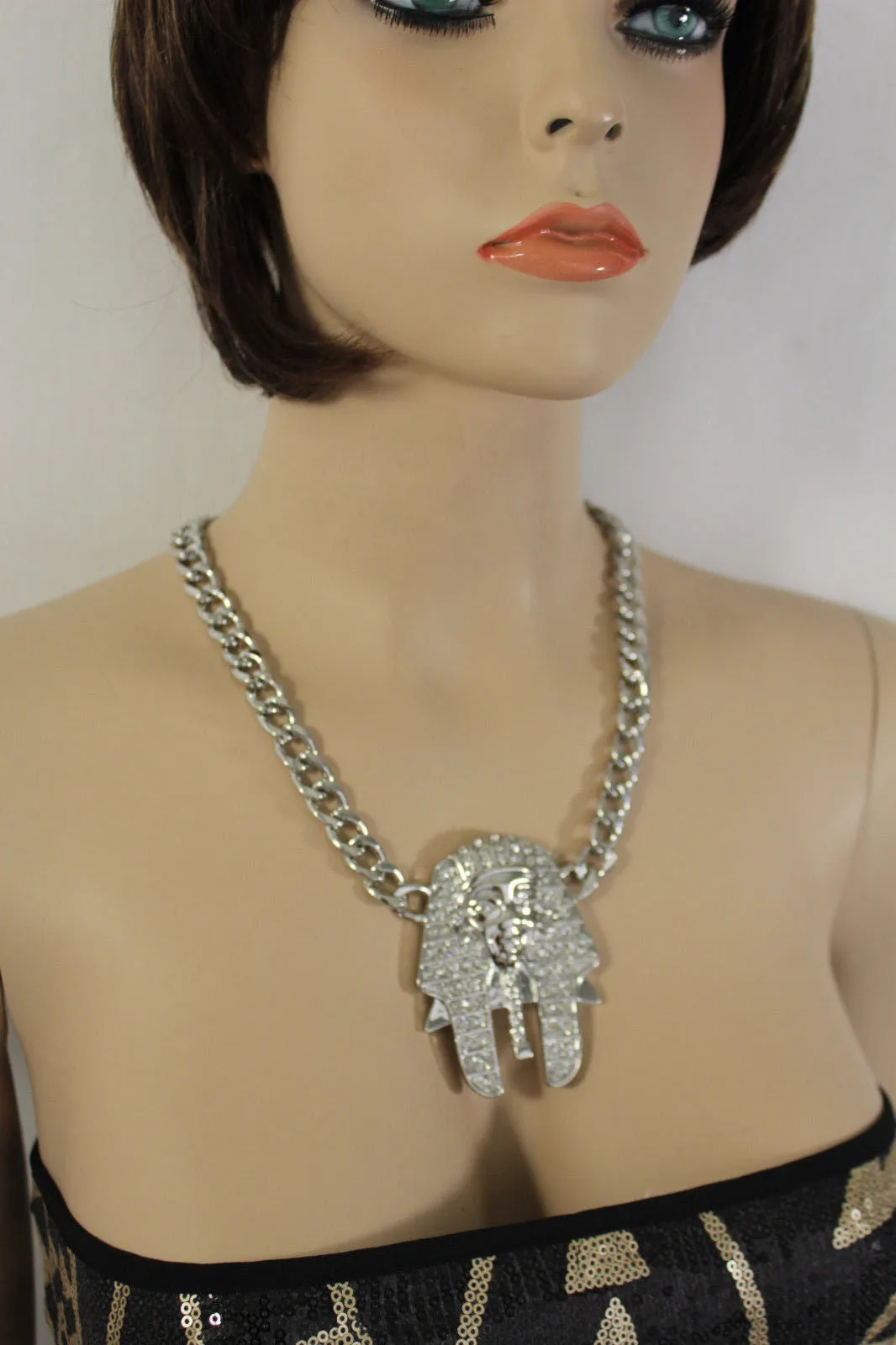 Gold Silver Metal Chain Egyptian Pharaoh Pendant Silver Rhinestones Bead Necklace