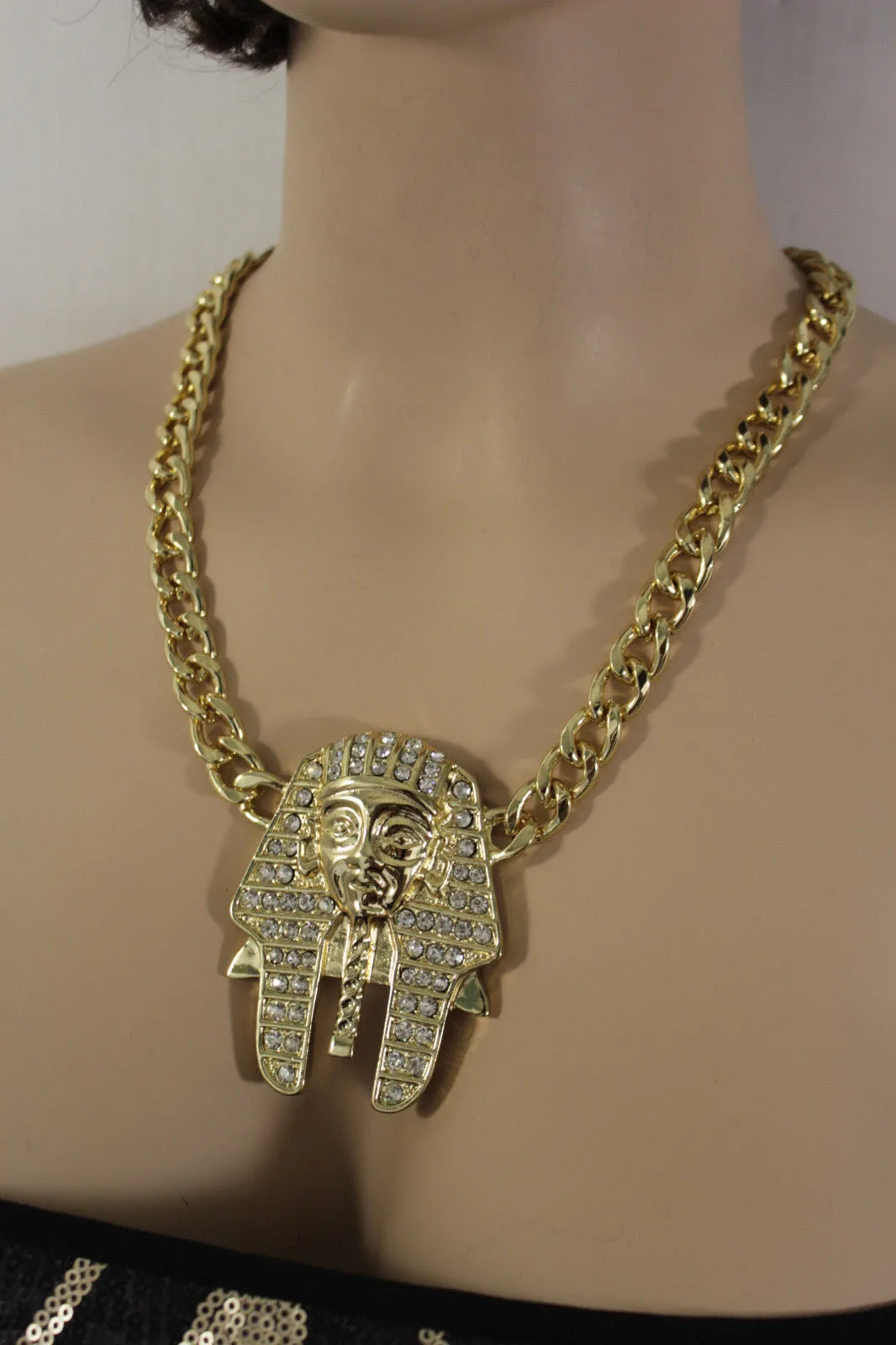 Gold Silver Metal Chain Egyptian Pharaoh Pendant Silver Rhinestones Bead Necklace