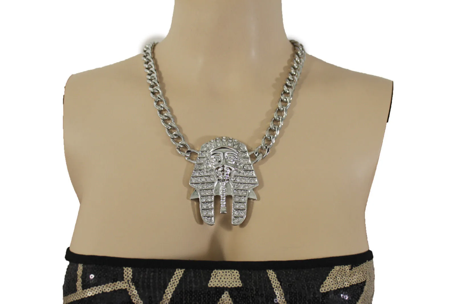 Gold Silver Metal Chain Egyptian Pharaoh Pendant Silver Rhinestones Bead Necklace