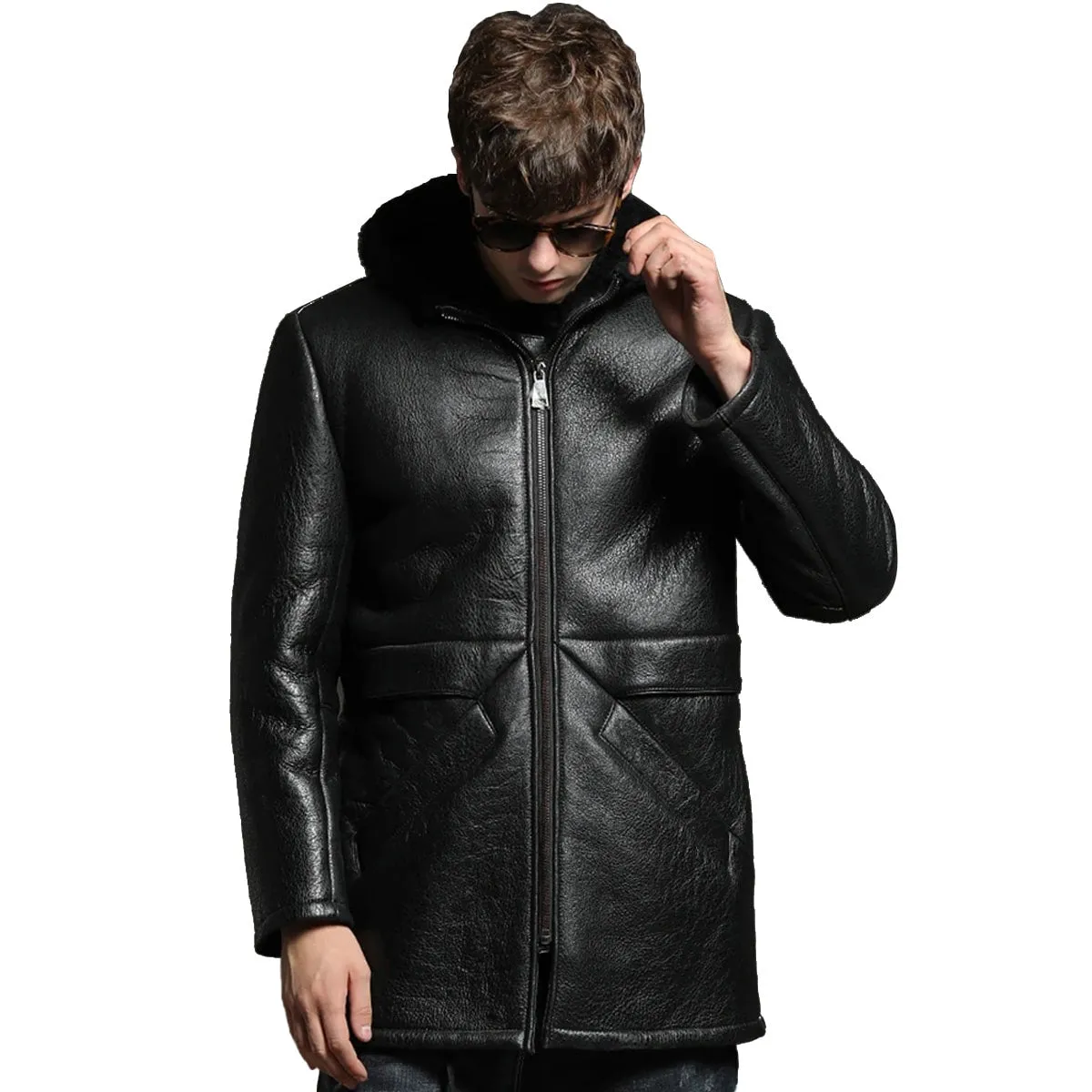 Men’s Black Genuine Sheepskin Faux Fur Hoodie Winter Warm Casual Leather Coat Jacket