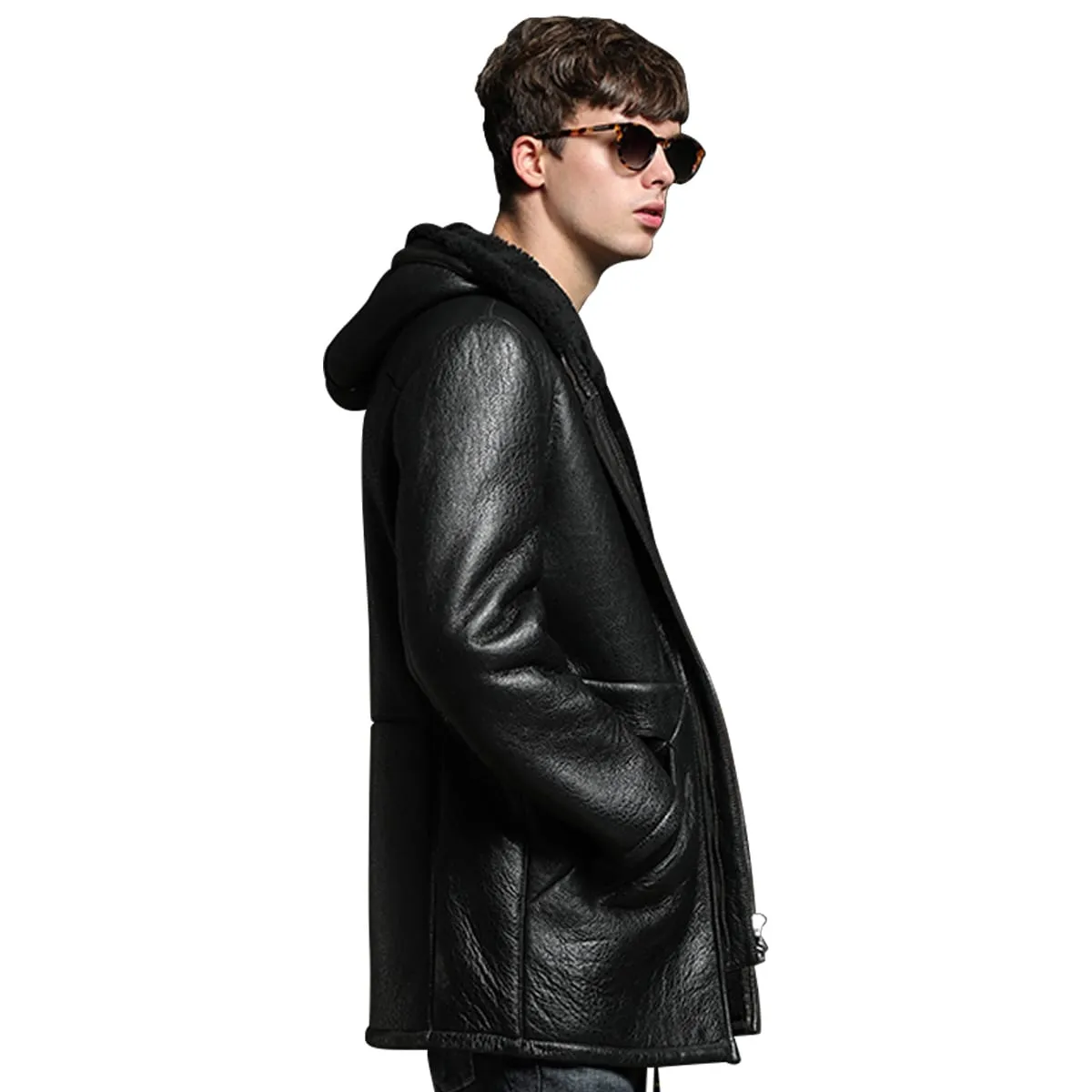 Men’s Black Genuine Sheepskin Faux Fur Hoodie Winter Warm Casual Leather Coat Jacket