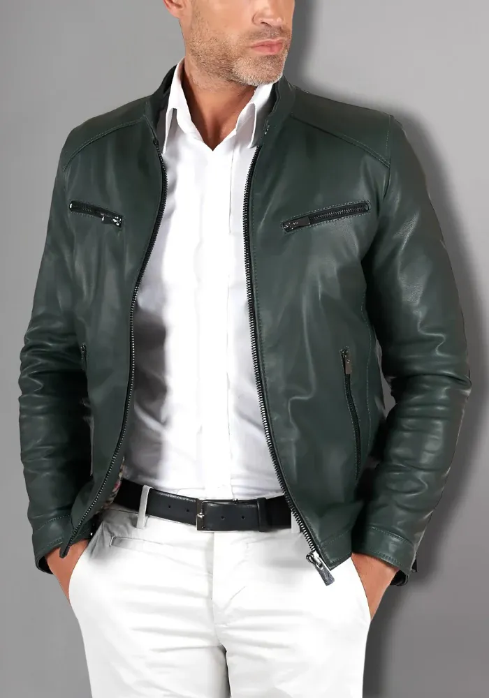 Mens White Biker Vintage Cafe Racer Genuine Leather Jacket