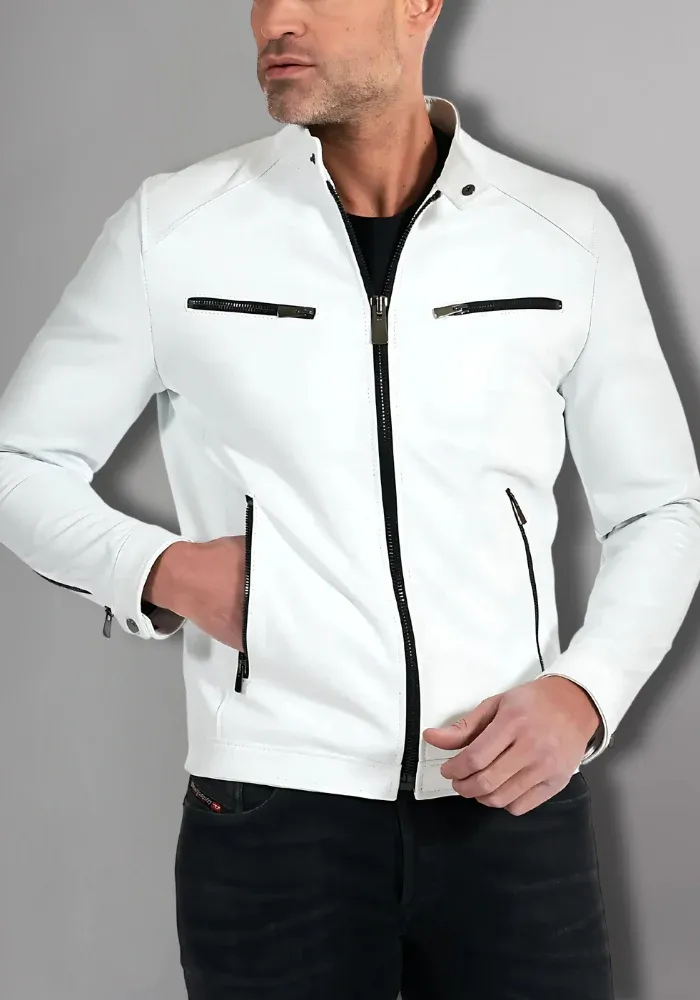 Mens White Biker Vintage Cafe Racer Genuine Leather Jacket