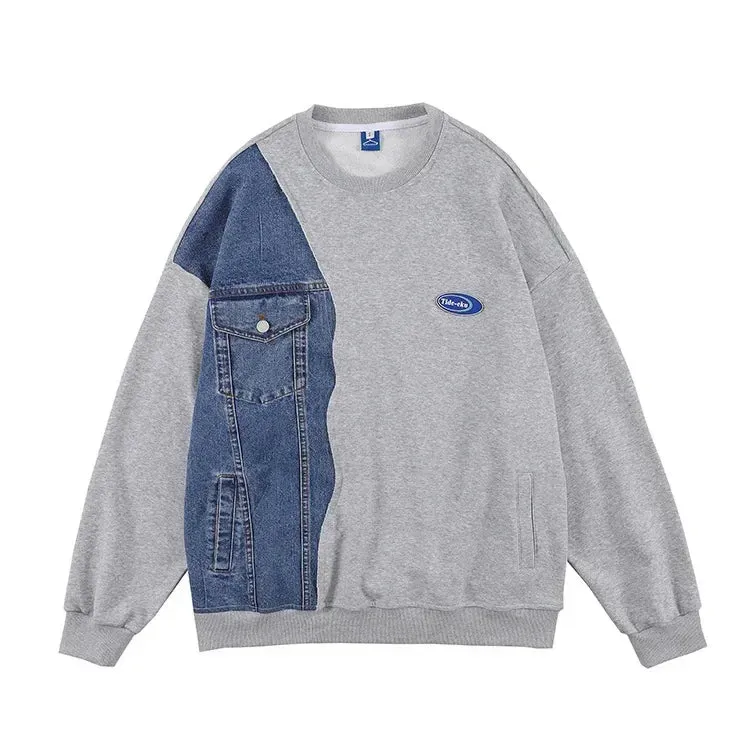 Patchwork Denim Round Neck Sweatshirt