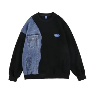 Patchwork Denim Round Neck Sweatshirt