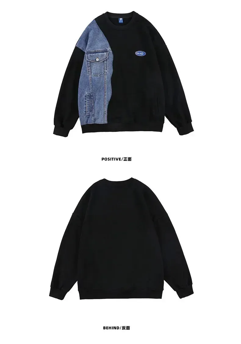 Patchwork Denim Round Neck Sweatshirt