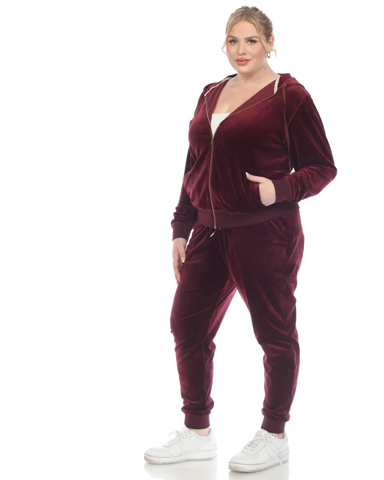 Plus Size 2-Pc Velour Tracksuit Set | Burgundy