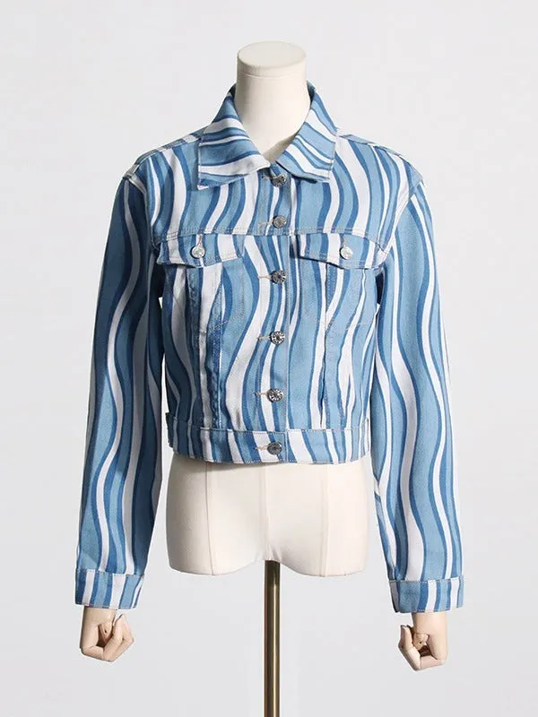 Pre Order:  Wave Striped Denim Short Jacket