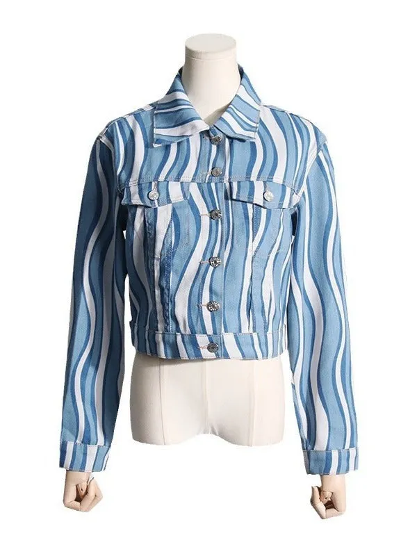 Pre Order:  Wave Striped Denim Short Jacket