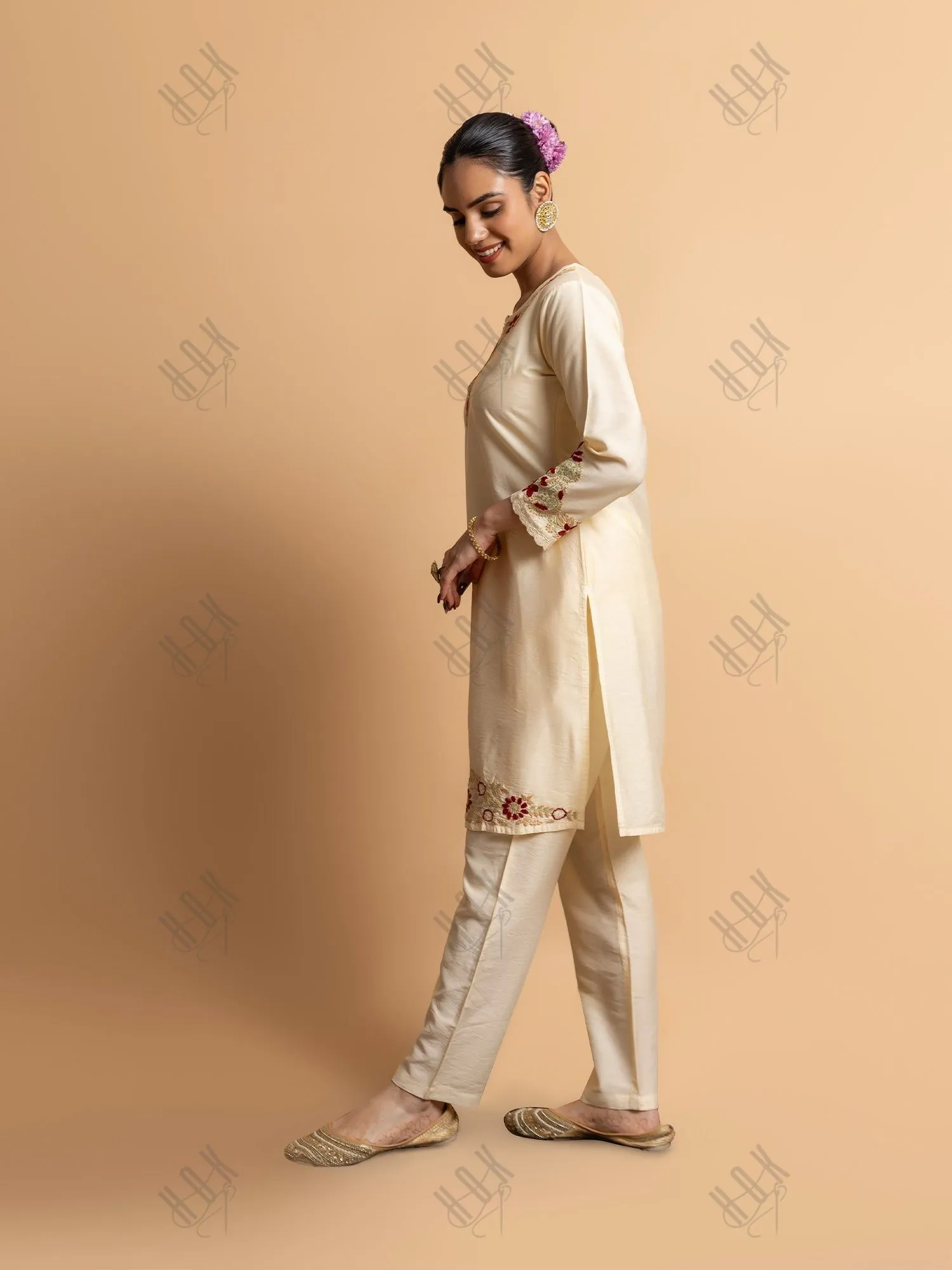 Saba Chikankari Chanderi Silk Kurta Set for Women - Beige