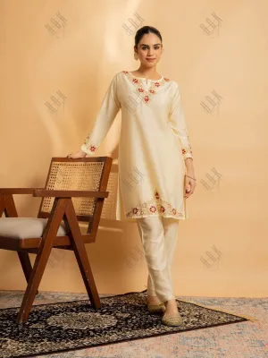 Saba Chikankari Chanderi Silk Kurta Set for Women - Beige