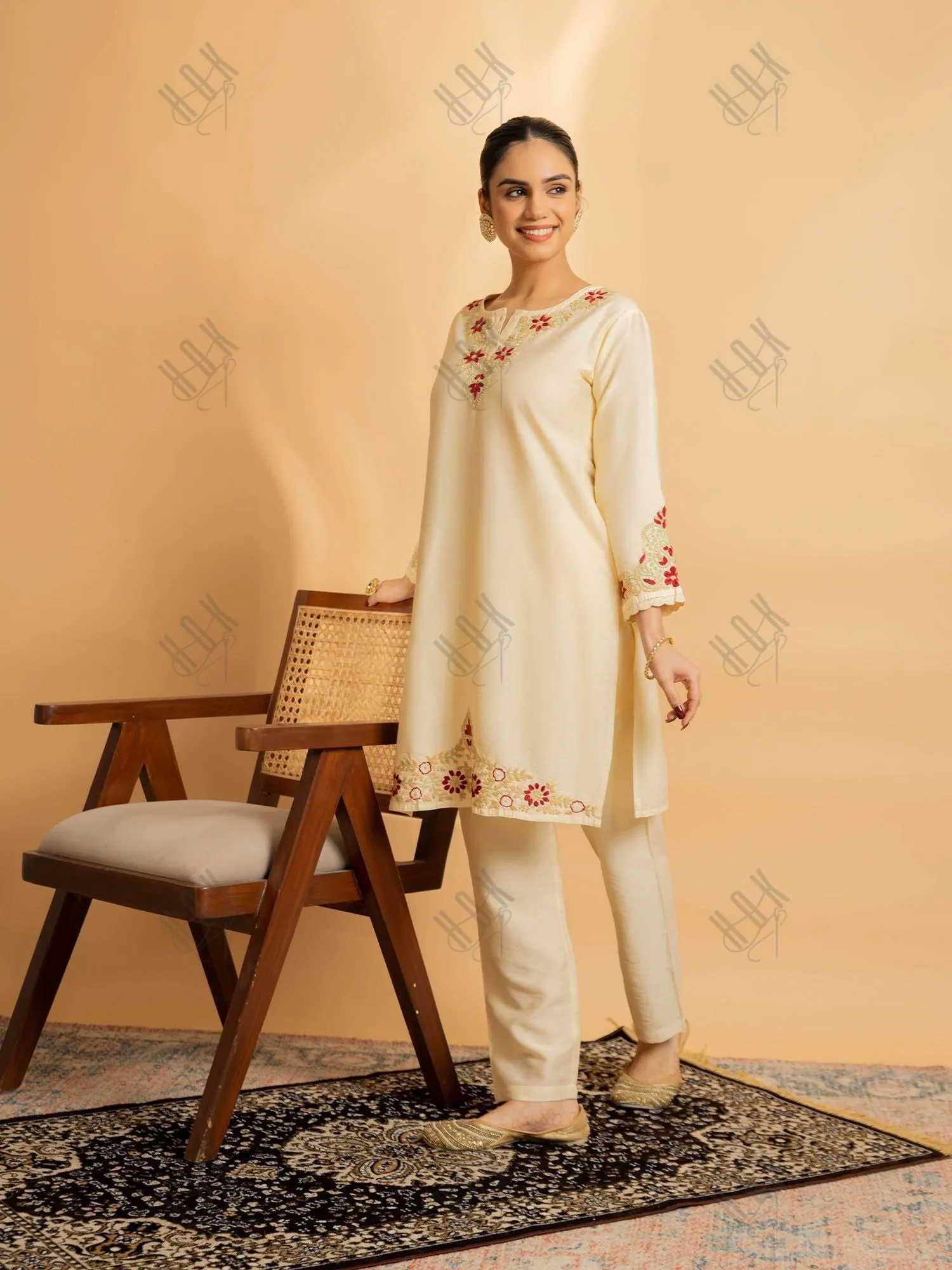 Saba Chikankari Chanderi Silk Kurta Set for Women - Beige