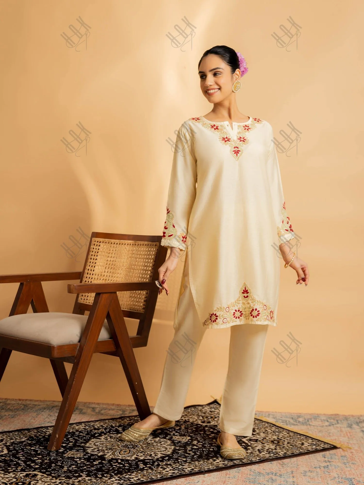 Saba Chikankari Chanderi Silk Kurta Set for Women - Beige