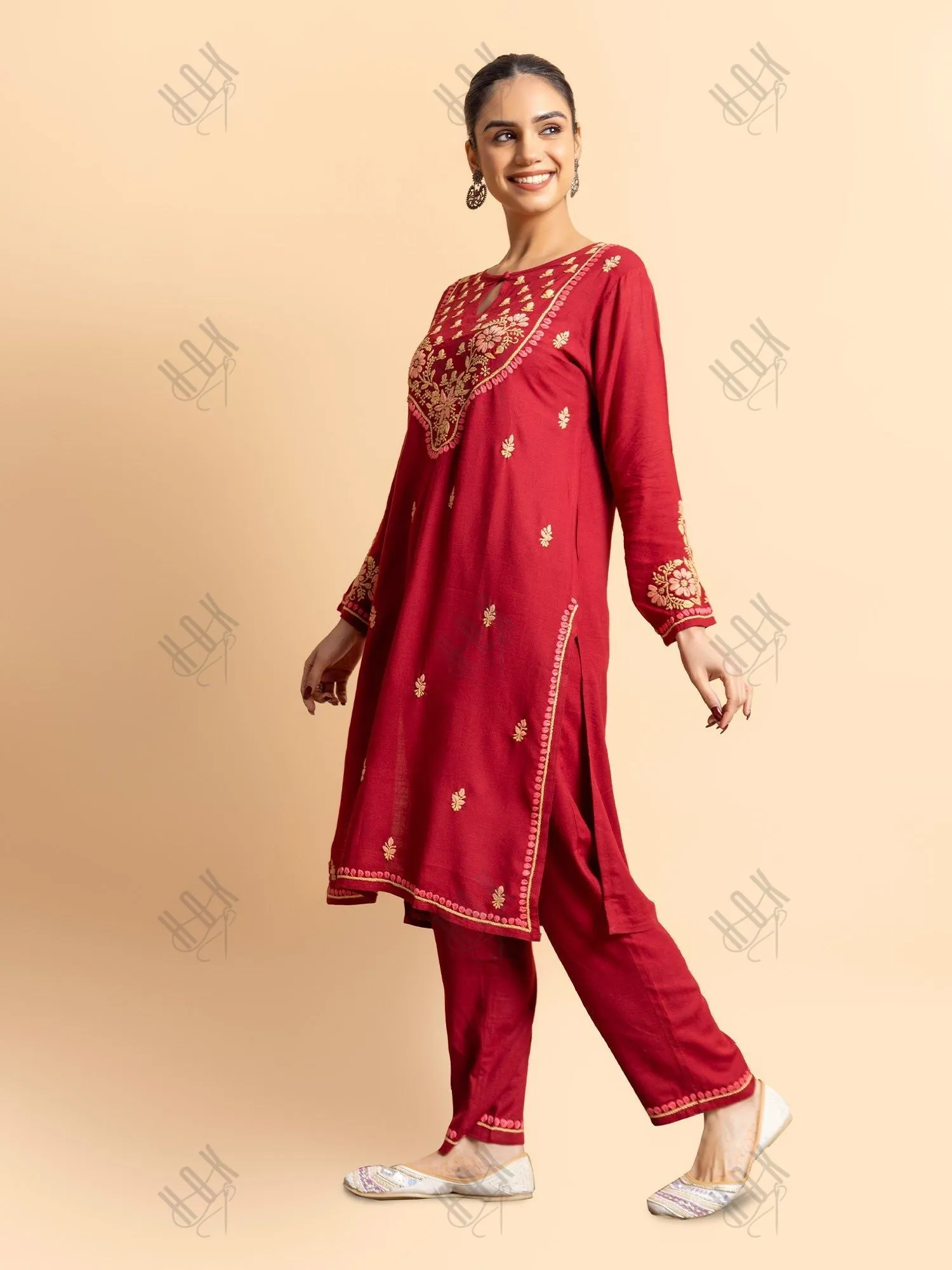 Saba Chikankari Cotton Silk Kurta Set for Women - Maroon