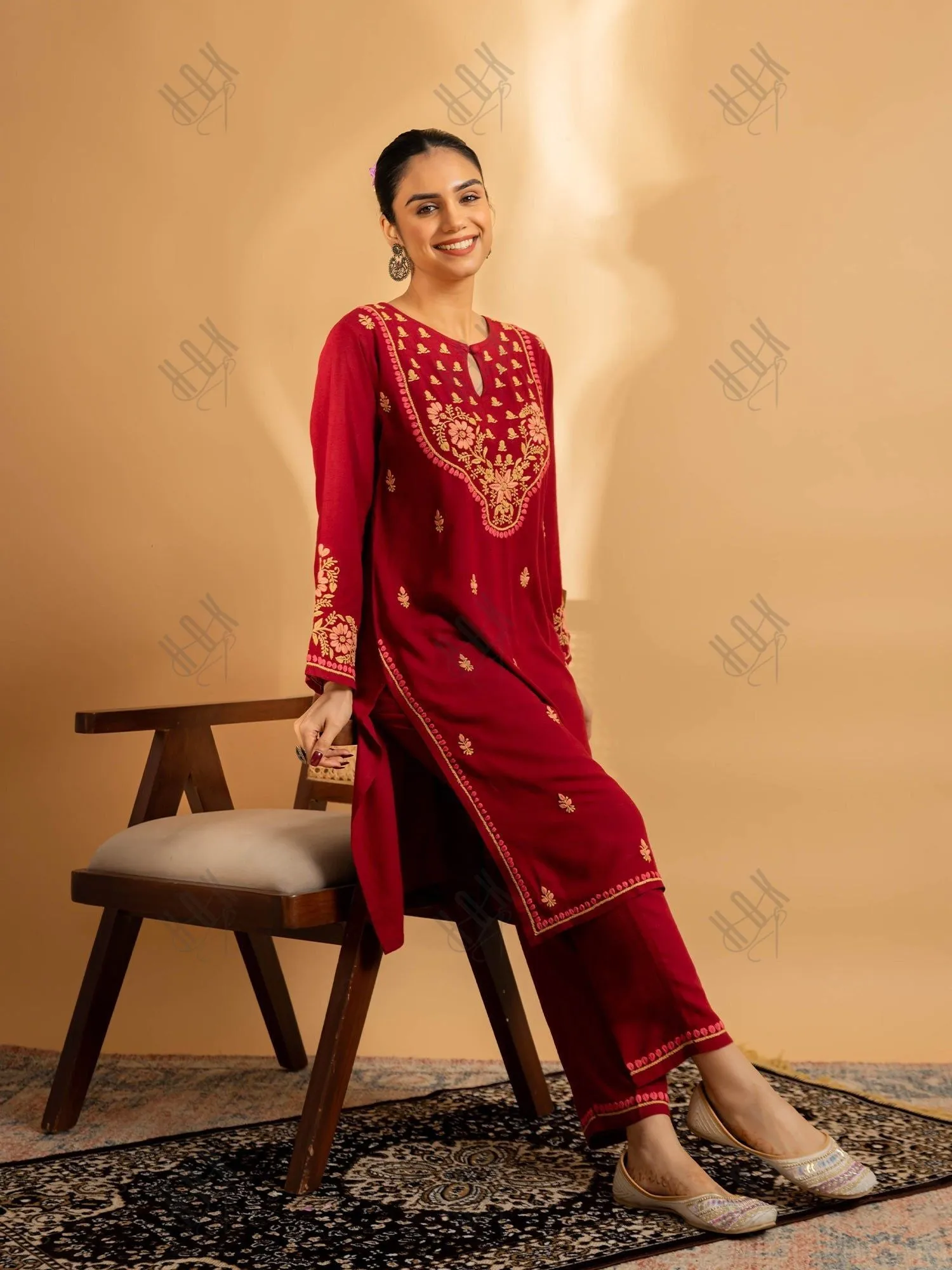 Saba Chikankari Cotton Silk Kurta Set for Women - Maroon