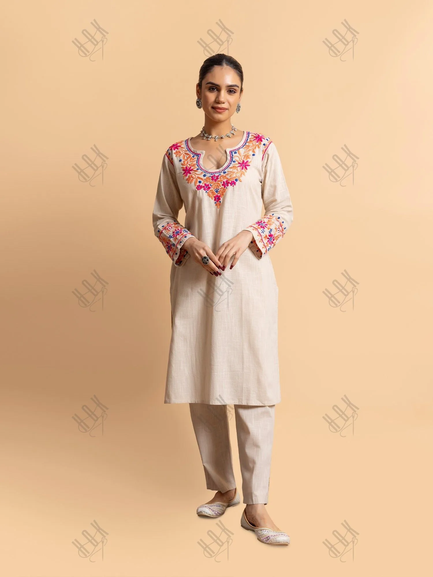 Saba Chikankari in Cotton Kurta Set for Women - Beige