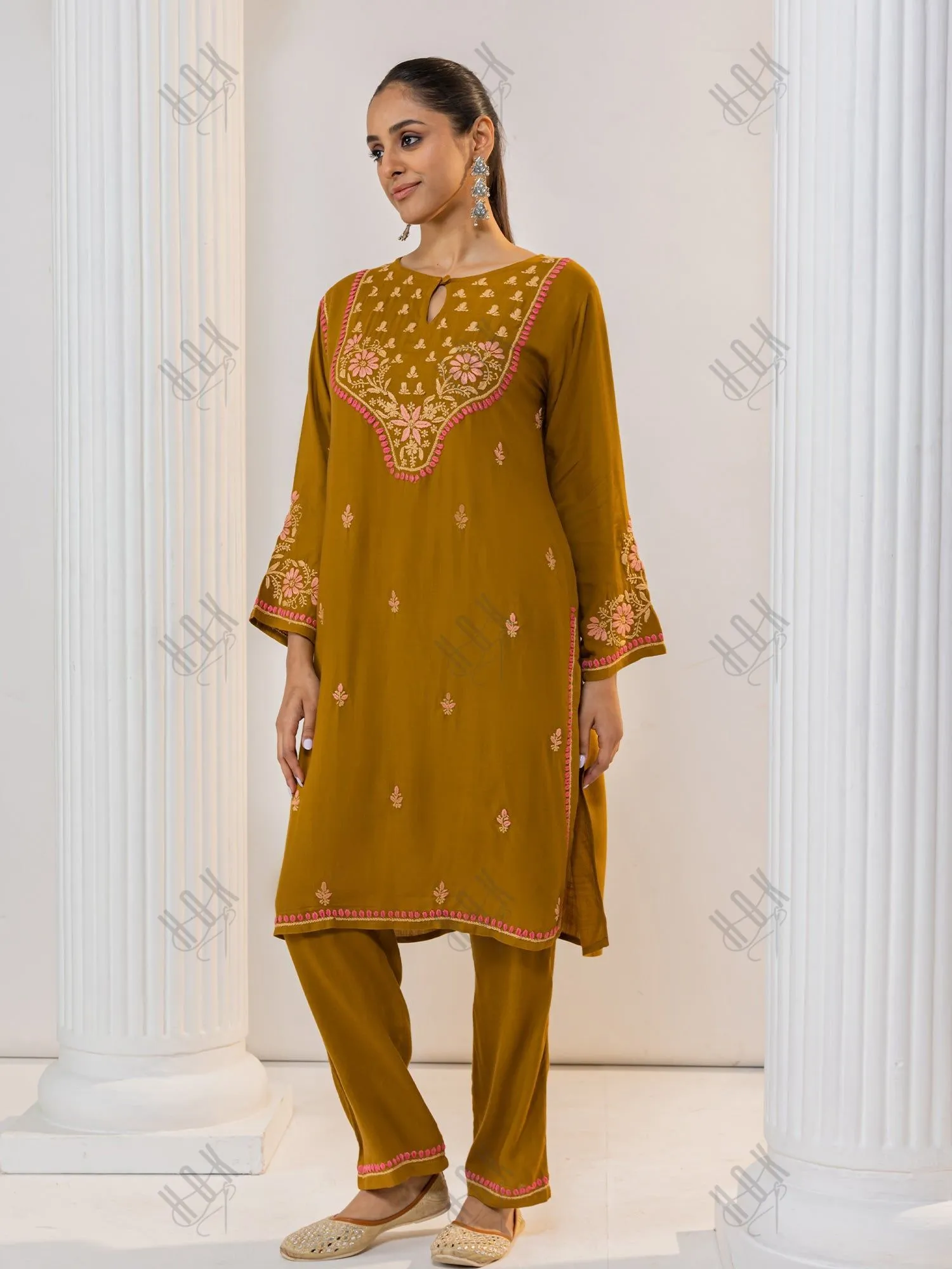 Saba Chikankari Notch Neck Cotton Silk Kurta Set for Women - Mustard