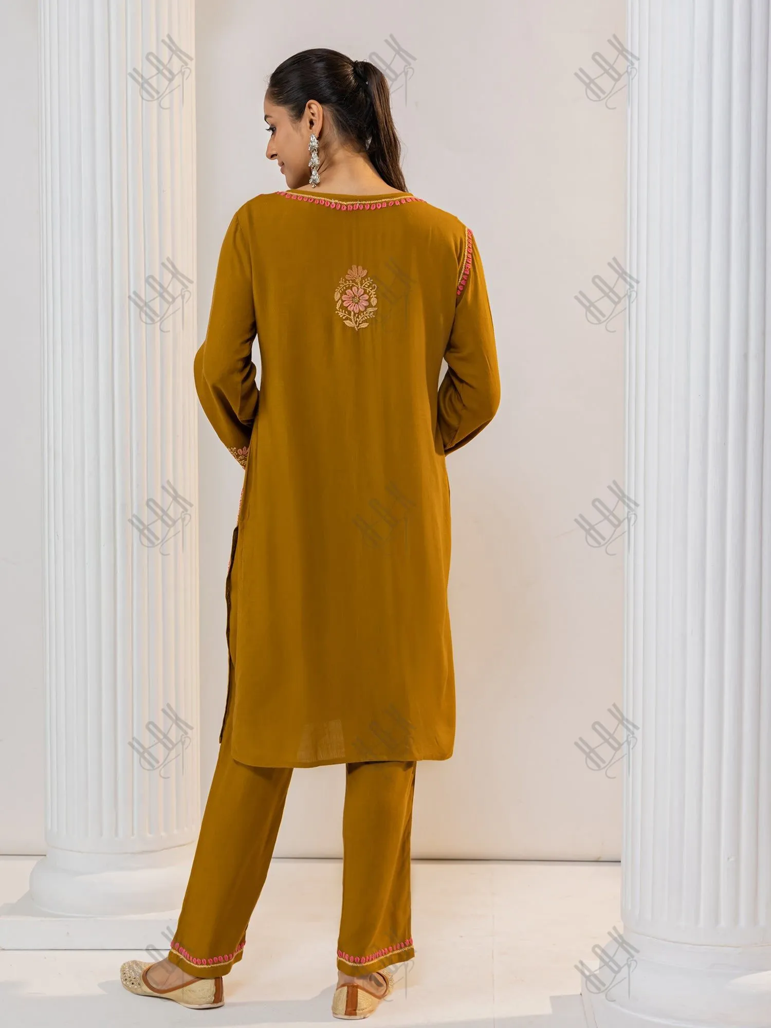 Saba Chikankari Notch Neck Cotton Silk Kurta Set for Women - Mustard