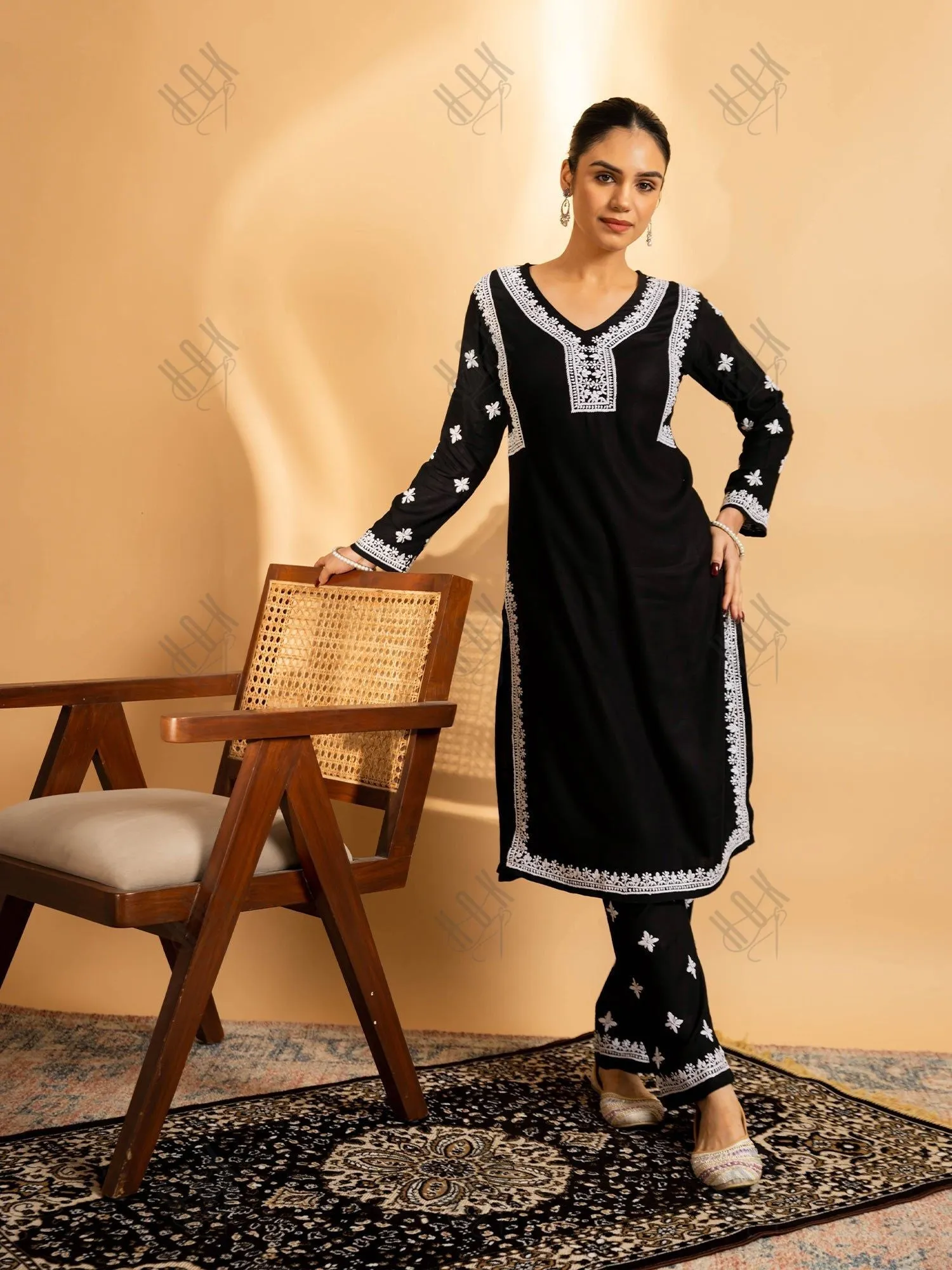 Saba Chikankari Rayon Kurta Set for Women - Black