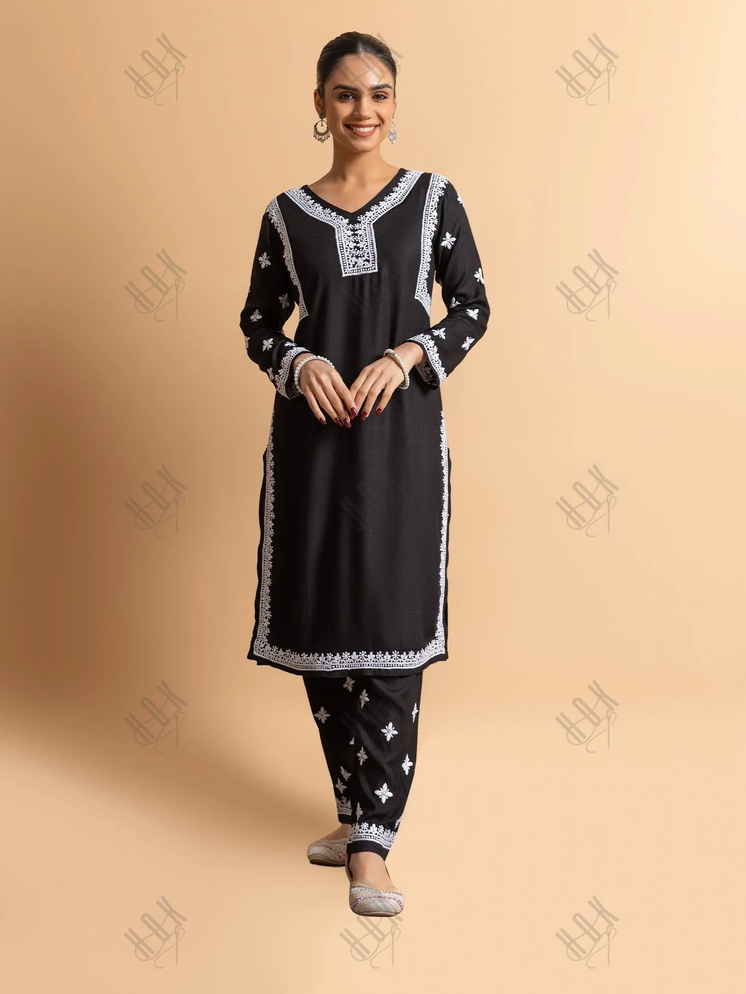 Saba Chikankari Rayon Kurta Set for Women - Black