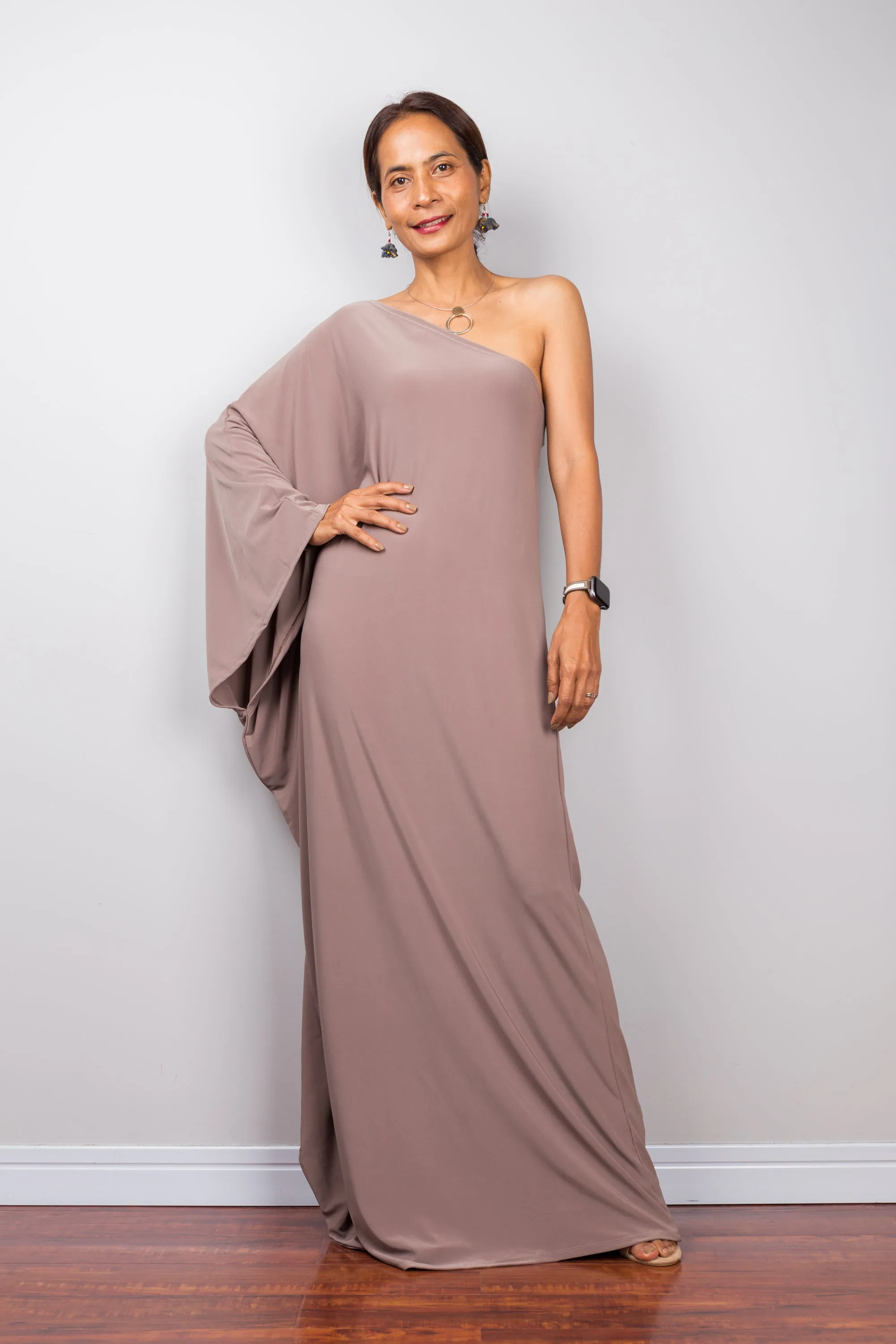 Taupe one shoulder dress