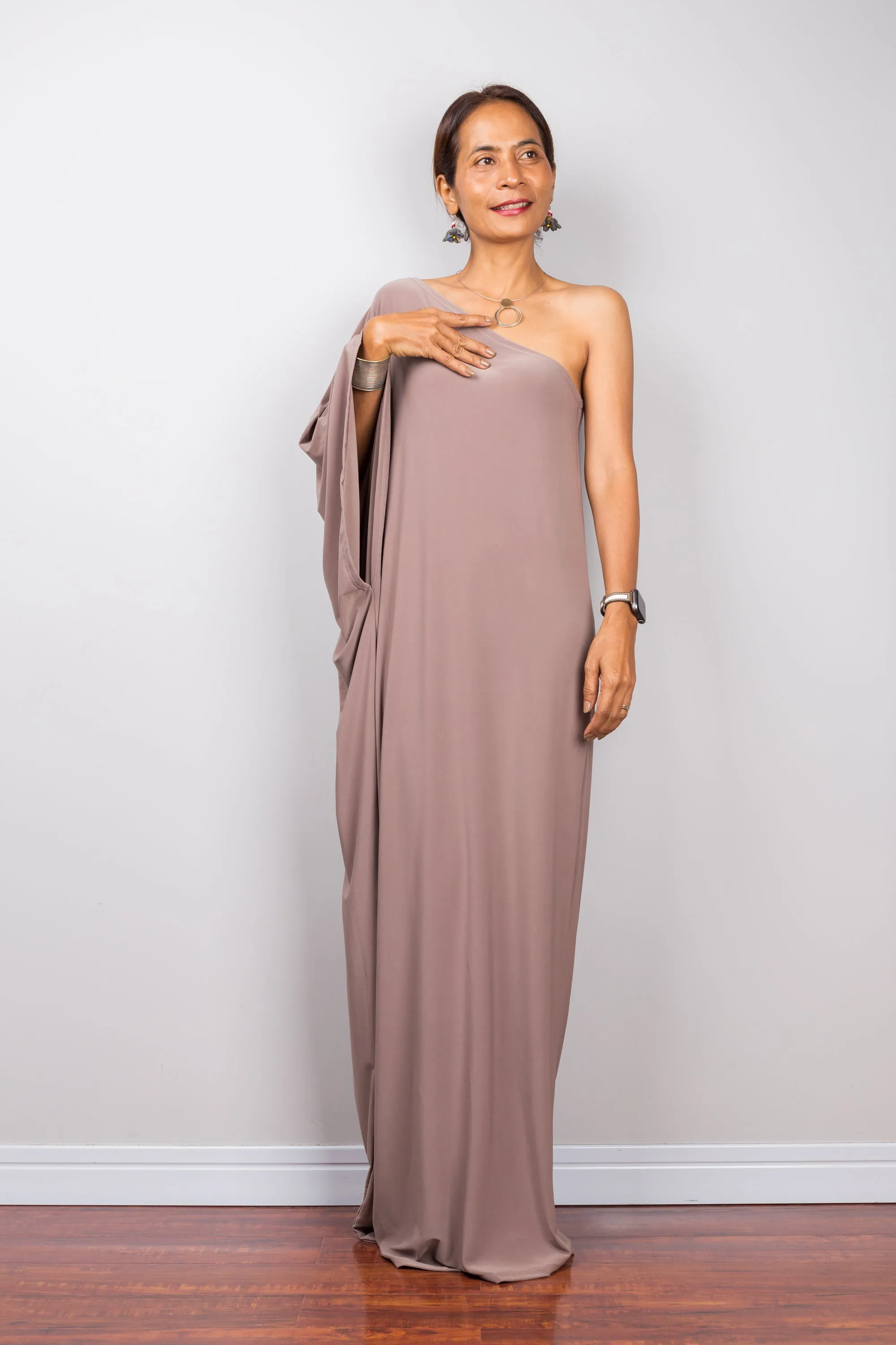 Taupe one shoulder dress