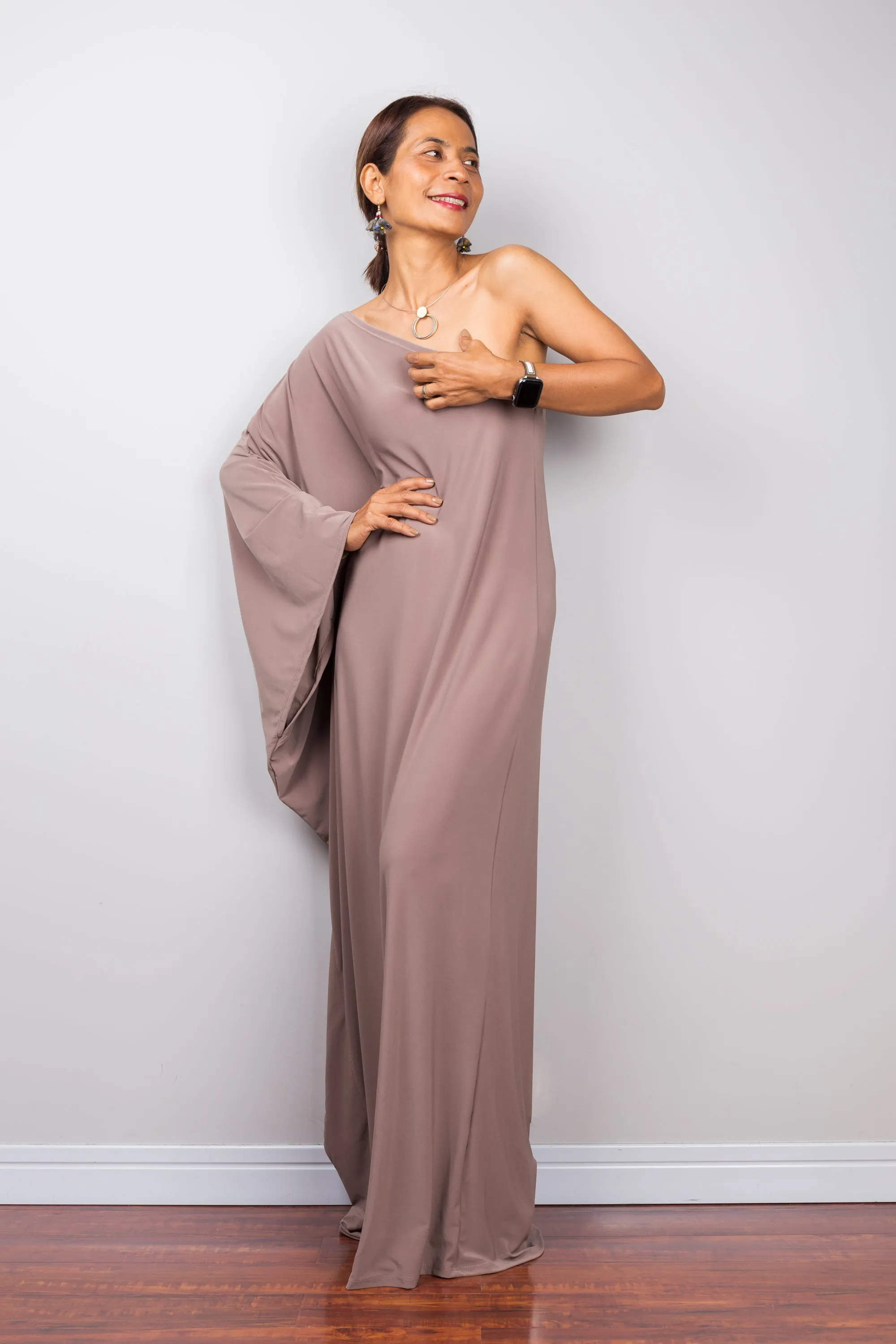 Taupe one shoulder dress