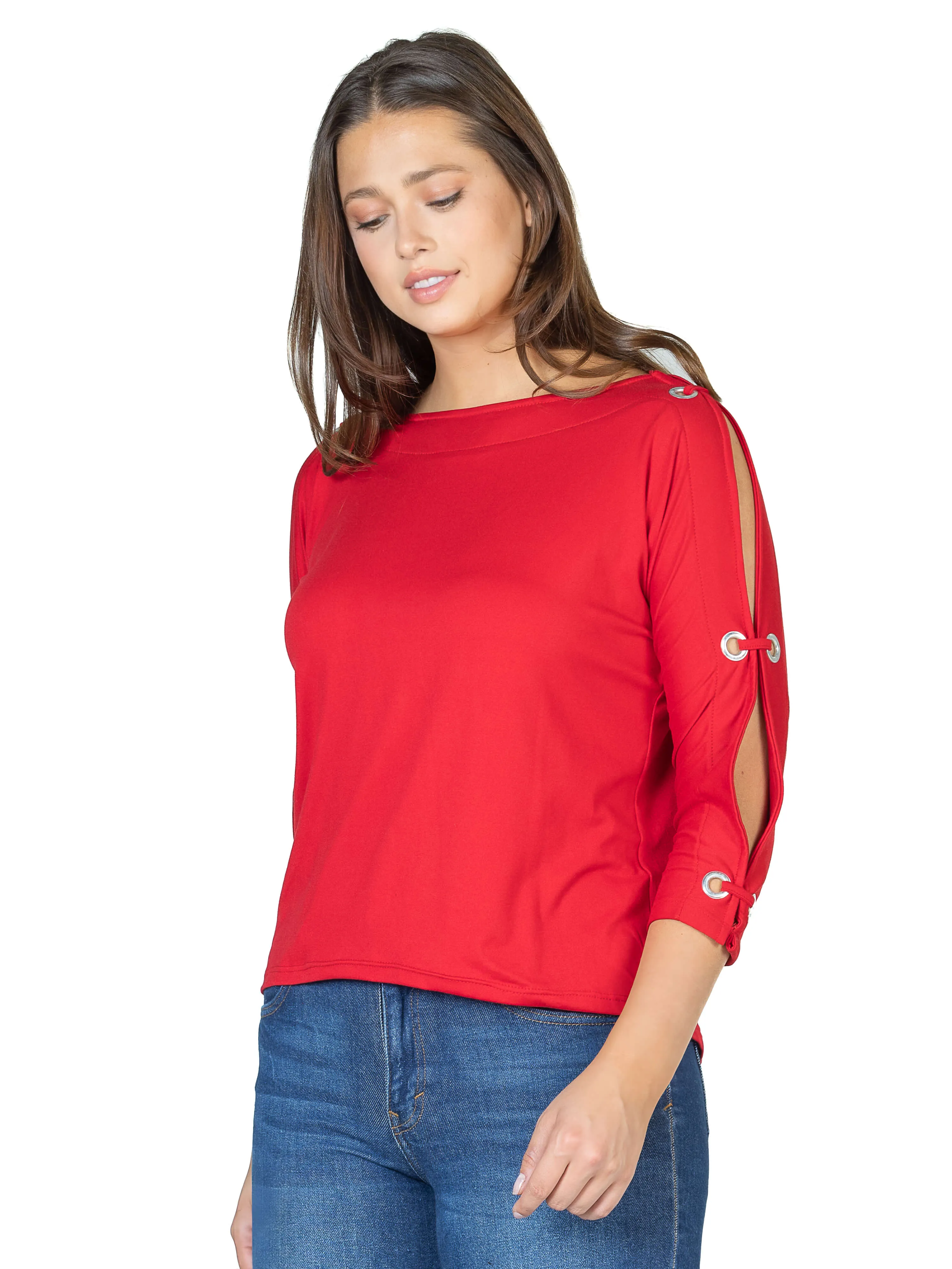 Three Quarter Sleeve Boatneck Cold Shoulder Top with Grommet Detail