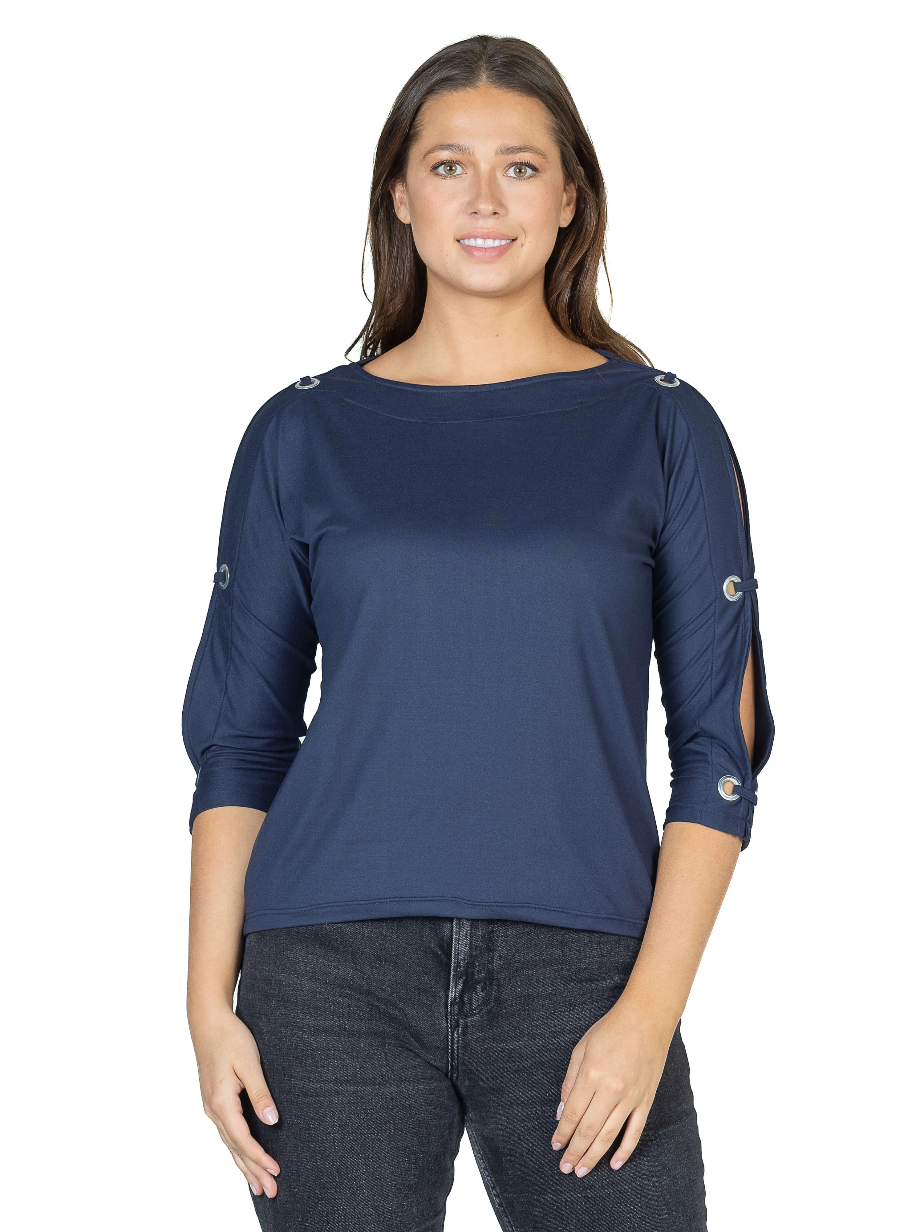 Three Quarter Sleeve Boatneck Cold Shoulder Top with Grommet Detail