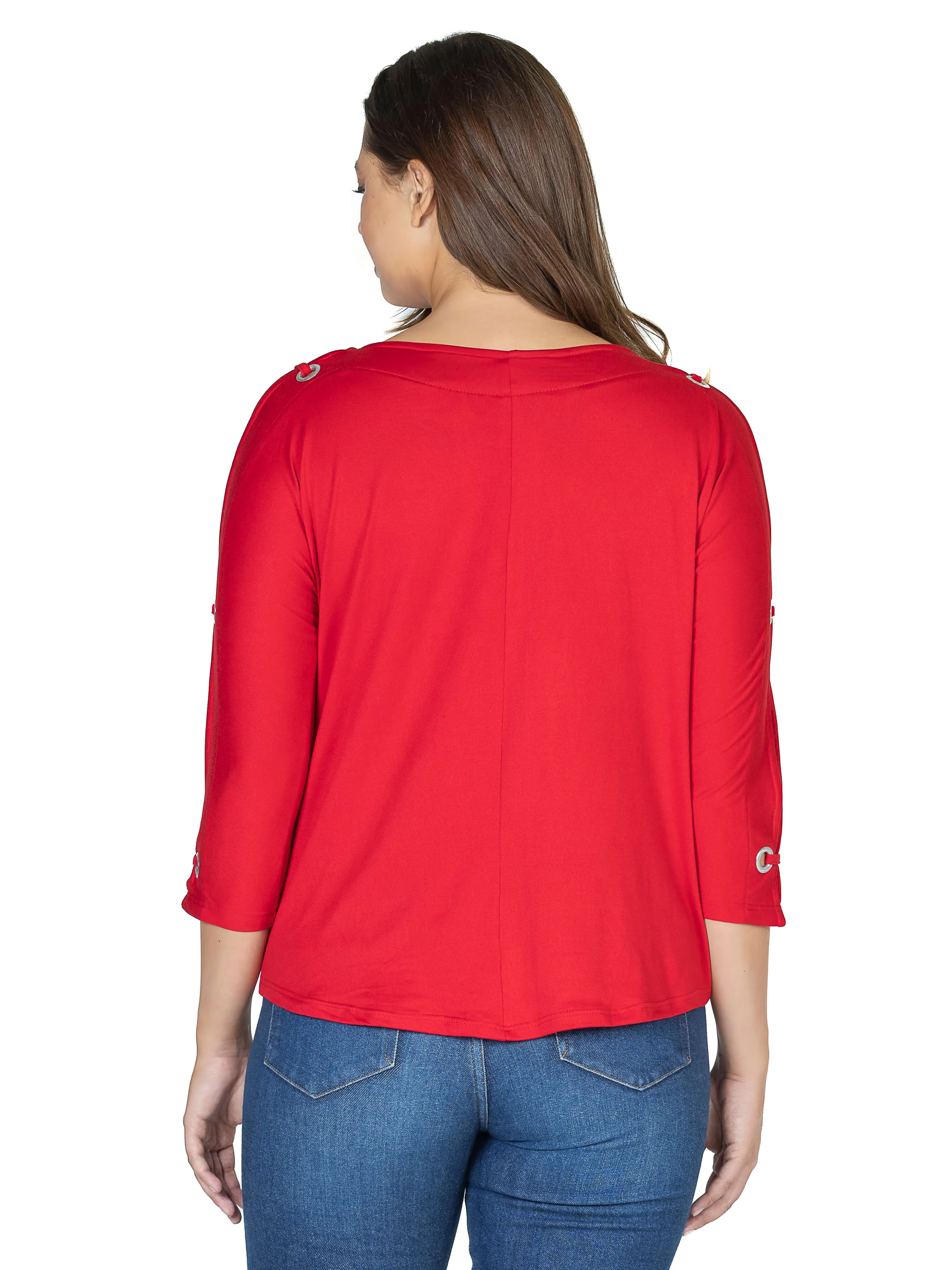 Three Quarter Sleeve Boatneck Cold Shoulder Top with Grommet Detail