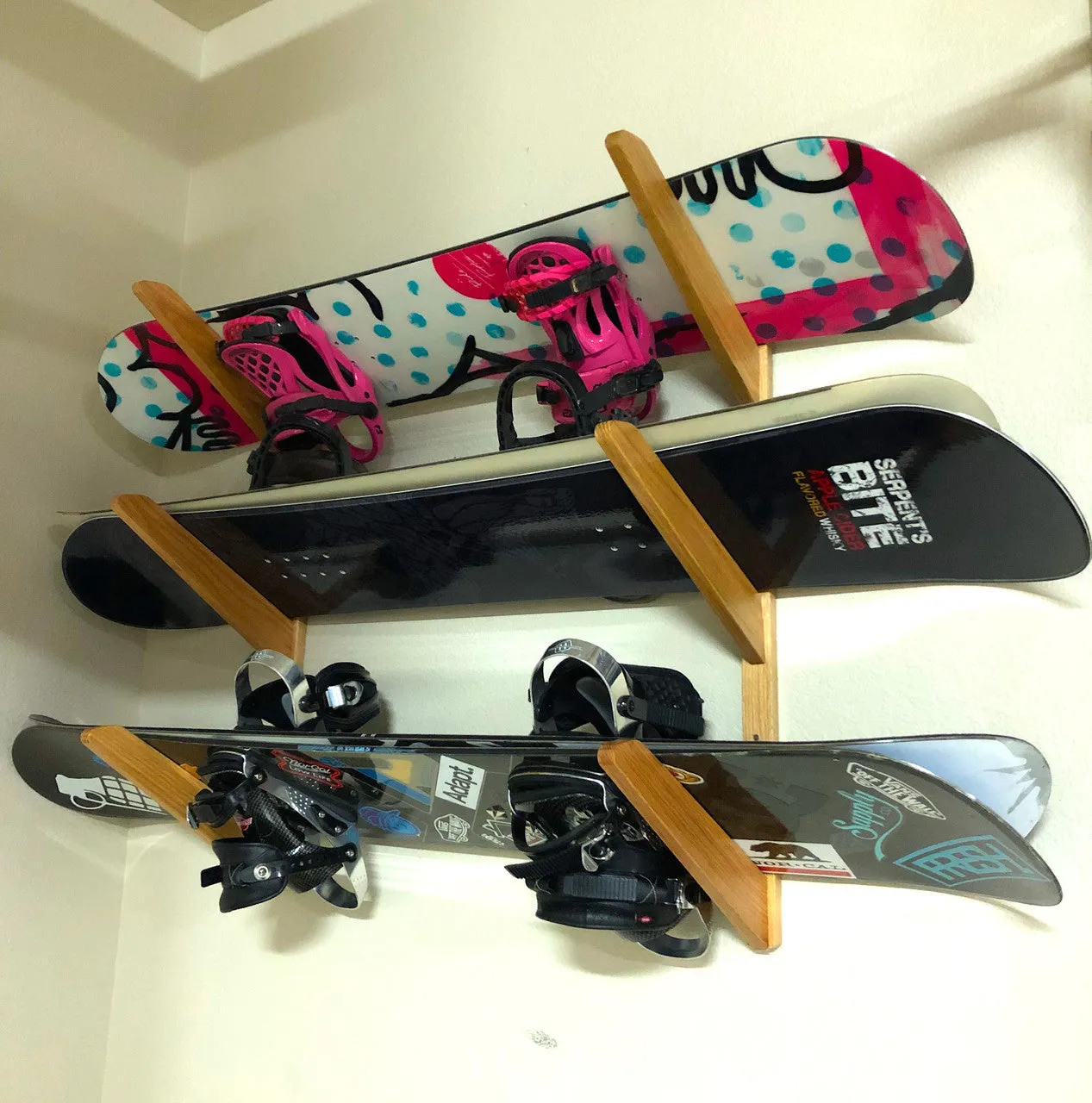 TidyTimber Snowboard Storage Wood Rack | Holds 3 Snowboards