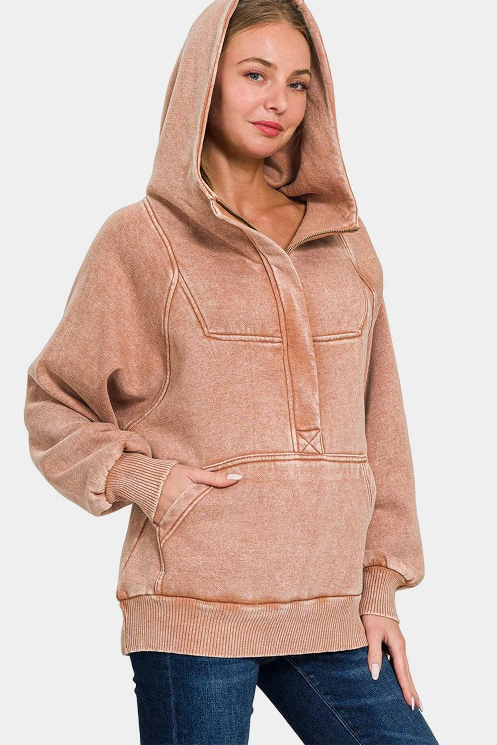 Zenana Hoodie Rusty Pink Acid Wash Fleece Kangaroo Pocket Hooded